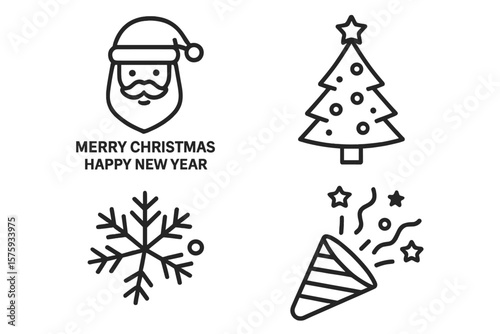 Christmas and New Year Line Icons Set. Santa Claus, Christmas Tree, Snowflake, Party Popper. Winter Holiday Celebration, Festive Event, Xmas, Party, Birthday, Web, Outline Vector Collection