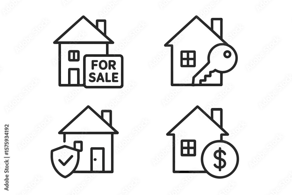 Real estate web icons set. House for sale, property purchase, home rent, realty insurance, mortgage, real estate investment, key, dollar sign, secure housing, property transaction, line style. Real estate web icons set. House for sale, property purchase, home rent, realty insurance, mortgage, real estate investment, key, dollar sign, secure housing, property transaction, line style.