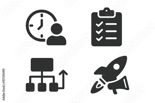 Project Management and Business Organization Icons Set. Time Management, Task Planning, Workflow Structure, Startup Launch, Marketing, Checklist, Productivity, Teamwork, Schedule, Strategy