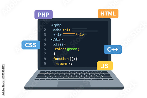 Laptop screen with programming code, PHP, HTML, CSS, JavaScript, C++, web development, software engineering, coding, programmer, developer, computer technology concept