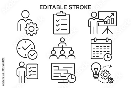Project Management Thin Line Icon Set. Editable Stroke. Teamwork, Planning, Task List, Time Management, Workflow, Calendar, Strategy, Leadership, Innovation, Business Organization Vector