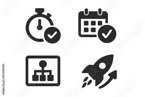 Project Management and Startup Icons Set. Time Management, Calendar Planning, Workflow Structure, Rocket Launch. Business, Organization, Marketing, Web and Mobile App Icons, Solid Style.