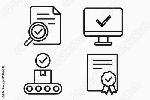 Quality Control and Assurance Line Icons Set. Inspection, Evaluation, Product Certification, Manufacturing Process, Approved Document, Computer Check Mark, Web and Mobile App Design