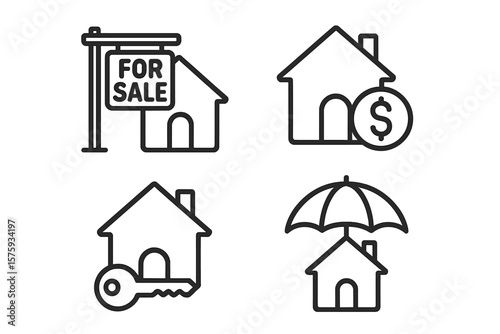 Real estate icons set. Line style web icons for realty, property sale, home purchase, rent, house insurance, mortgage, investment, real estate agency, key, dollar, umbrella, housing market.