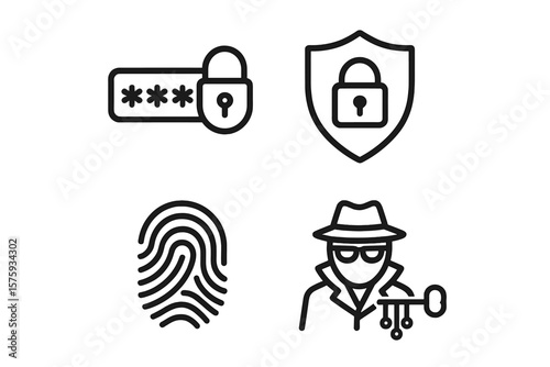 Cybersecurity Line Icons Set. Password Protection, Security Shield, Fingerprint Authentication, Spy Hacker, Digital Identity, Data Privacy, Internet Safety, Access Control, Encryption, Web Security