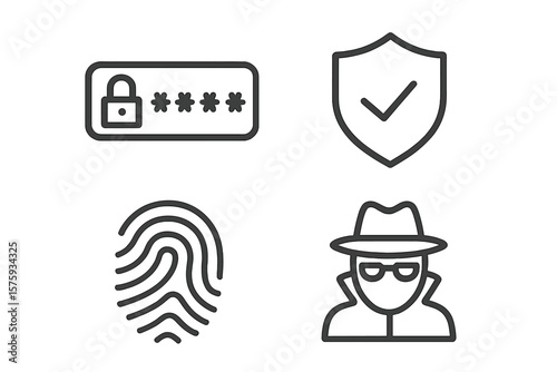 Cybersecurity Line Icons Set – Password Protection, Secure Shield, Fingerprint Authentication, Spy Hacker, Internet Security, Data Privacy, Identity Protection, Web and Mobile App Symbols