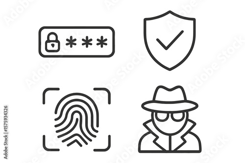 Cyber Security Line Icons Set. Password Protection, Secure Shield, Biometric Fingerprint, Spy Hacker. Internet Safety, Data Privacy, Identity Access Control, Digital Security, Web App Icons