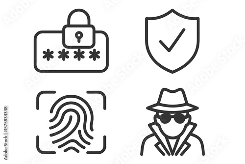 Cybersecurity Icons Set – Password Protection, Secure Shield, Biometric Fingerprint, Incognito Spy, Line Style, Web and Mobile Security Concepts