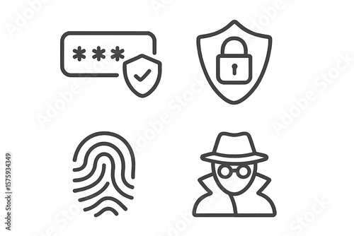Cyber Security Icons Set. Password Protection, Secure Login, Fingerprint Authentication, Spyware, Data Privacy, Lock Shield. Internet Safety, Identity Verification, Web Security, Line Style Vector