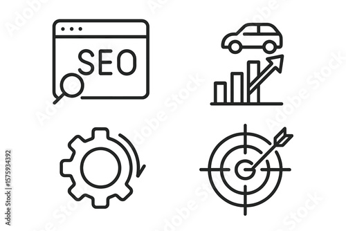 SEO Optimization Line Icons Set. Search Engine Marketing, Web Traffic Growth, Target Audience, Process Automation. Business Analytics, Ranking, Data, Strategy, Website Performance, Digital Marketing