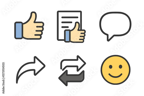 Social Media Rating and Engagement Icons Set: Thumbs Up, Post, Comment, Share, Repost, Heart, and Smile Emojis. Flat Design for Digital Communication & Network.