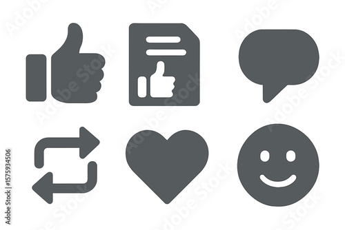 Social media icons set. Thumbs up, like, post, comment, share, repost, heart, smiley face. Flat vector symbols for social network, emoji reactions, feedback, communication, interface