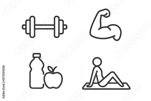 Fitness and Wellness Line Icons Set. Dumbbell, Muscular Arm, Healthy Diet with Water Bottle and Apple, Exercise Mat Figure. Gym, Workout, Nutrition, Bodybuilding, Health, Training, Lifestyle.