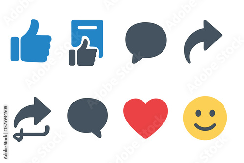 Social Media Reaction Icons Set. Thumbs Up, Like, Comment, Share, Repost, Heart, Smile Emoji. Flat Vector Symbols for Social Network Engagement, Feedback, Communication, User Interaction