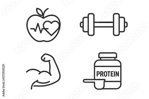 Healthy Lifestyle Fitness Icons Set. Nutrition, Diet, Workout, Gym, Muscle, Protein, Wellness, Exercise, Bodybuilding, Strength Training, Health Food, Supplement, Heart Health, Line Art
