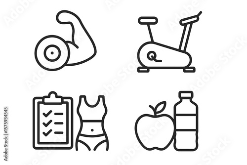Fitness and Healthy Lifestyle Icons Set. Muscle Training, Cardio Exercise Bike, Body Measurement Checklist, Healthy Food and Hydration. Nutrition, Workout, Gym, Wellness, Diet, Line Style