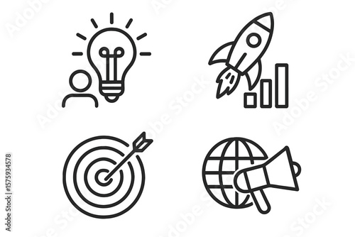 Startup Business Icons Set. Line Style Web Icons for Creative Idea, Project Launch, Growth, Innovation, Target, Marketing, Global Promotion, Success, Strategy, Entrepreneurship