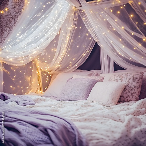 Romantic Lavender Bedroom Fairy Lights Canopy Bed