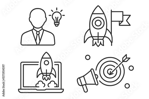 Startup Launch and Innovation Icons Set. Business Idea, Vision, Strategy, Rocket Launch, Target, Marketing, Development, Success, Web and Mobile App, Entrepreneur, Goal Achievement, Line Style