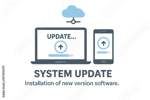 System update installation process for computer, laptop, smartphone. Software upgrade, operating system support, cloud synchronization, new version download, device maintenance