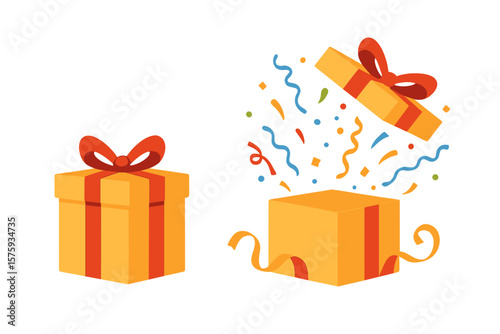 Festive surprise gift box with red ribbon, open and closed, confetti explosion, celebration present, packaging design, birthday, holiday, party, emotional unique gift concept