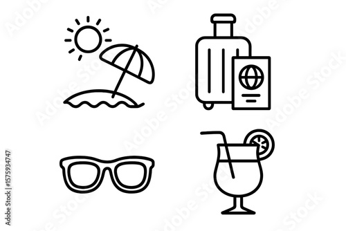 Summer Vacation Essentials Icon Set. Beach, Sun, Umbrella, Sunglasses, Cocktail, Luggage, Passport. Travel, Holiday, Relax, Tourism, Resort, Hotel, Adventure, Trip, Journey, Getaway