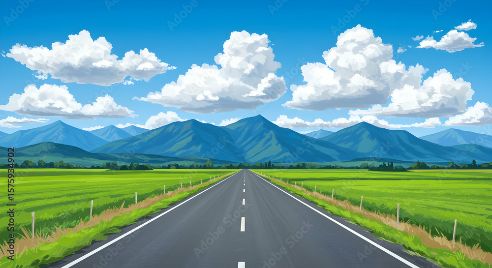 Naklejka premium Endless Road Journey Adventure Travel Scenic Route Mountain View Landscape Summer Vacation Destination Trip Blue Sky Clouds Green Fields Asphalt Highway Drive