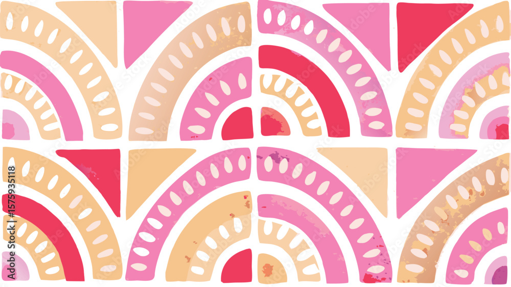 Naklejka premium Watercolor pattern featuring pink and peach semicircles and triangles on a white background artfully arranged