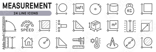 Measurement line icons set with Measure, Area, Dimension, Distance, Diameter, Size, Width, Radius and more. Editable Stroke