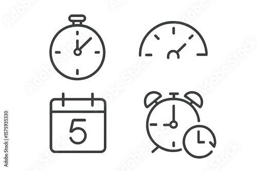 Time Management and Clock Icon Set – Stopwatch, Speedometer, Calendar, Countdown, Alarm, Recovery, Timer, Watch, Date, Line Style Web Vector