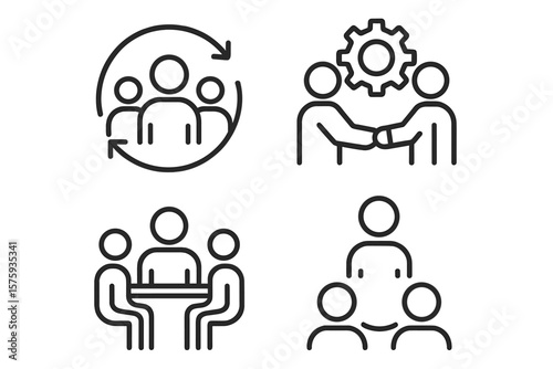 Teamwork Collaboration Line Icons Set. Business Partnership, Synergy, Group Meeting, Management, Team Interaction, Cooperation, Leadership, Brainstorming, Communication, Strategy, Organization