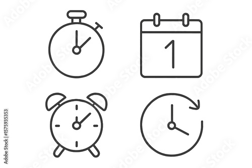 Time Management and Clock Icon Set – Stopwatch, Calendar, Alarm, Countdown, Line Style, Timer, Recovery, Date, Watch, Schedule, Reminder, Web Icons