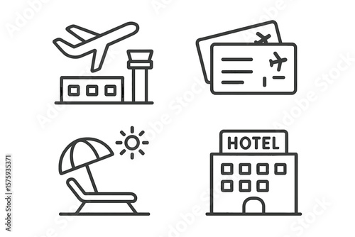 Travel and Tourism Line Icons Set: Airport, Flight Tickets, Hotel, Beach Relaxation, Vacation Services, Web and Mobile App Vector Illustration