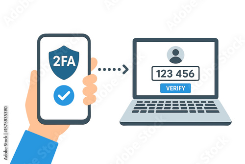 Two Factor Authentication 2FA Security Verification. Mobile Phone Code Login. Secure Sign In Password Protection. Laptop Access Authorization. Digital Identity Safety Concept