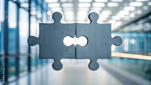 Two interlocking puzzle pieces held up in a blurred modern office background symbolizing connection and teamwork.