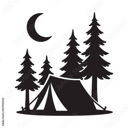 Silhouette of a tent surrounded by pine trees under a crescent moon in a night scene vector