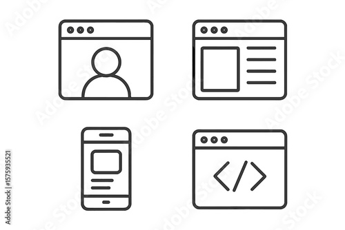 Set of 4 Web and Mobile User Interface Line Icons – Profile, Webpage Layout, Mobile App, Code Symbol – Minimalist UI UX Design Elements