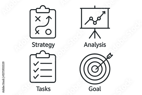 Business strategy and project management line icon set. Vector icons for action plan, data analysis, task list, and goal achievement. Marketing and development concepts.