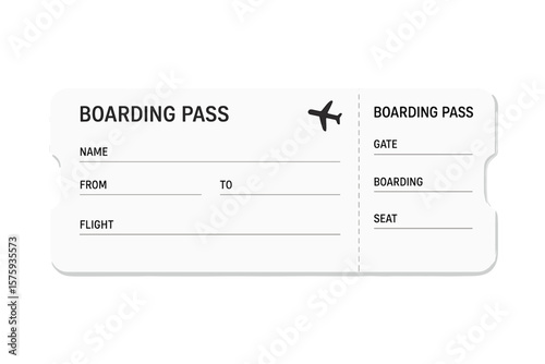 Blank airline boarding pass ticket template. Vector illustration for air travel, flight, or vacation journey concept. Isolated plane coupon mockup on transparent background.