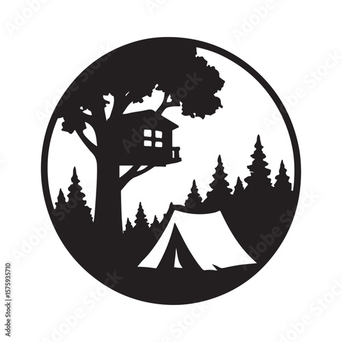 A black and white silhouette of a camping scene with a tent and treehouse in a circular frame