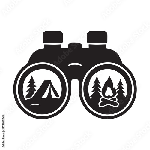 Black binoculars with a tent and tree on the left and a campfire and trees on the right lens