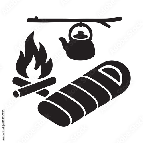 A black and white camping scene with a fire, kettle, and sleeping bag in a simple graphic style