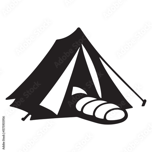 A black and white illustration of a tent with a sleeping bag inside on a white background