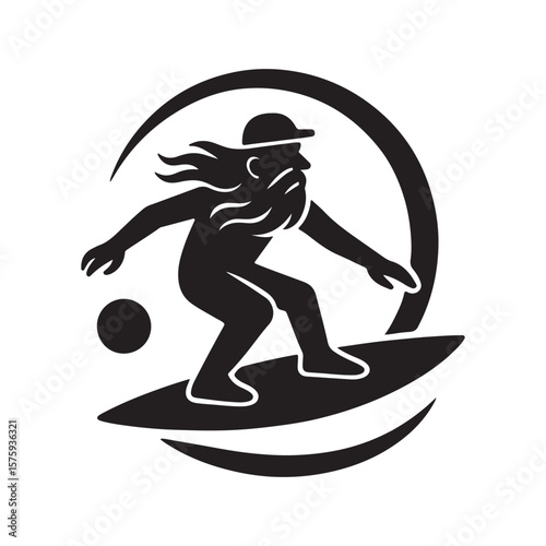 A stylized black and white image of a man with a beard surfing in a circular wave design