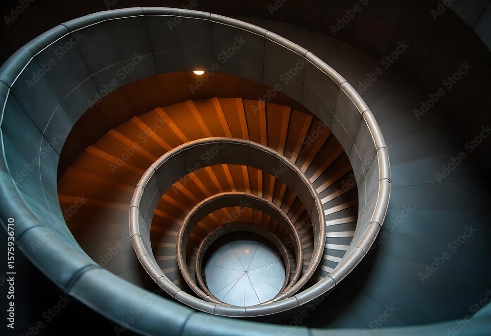 Fototapeta premium Generative AI modern spiral staircase unique architectural downward view