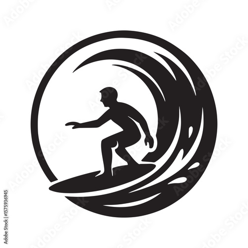 Silhouette of a surfer riding a wave inside of a circle in a black and white graphic design image