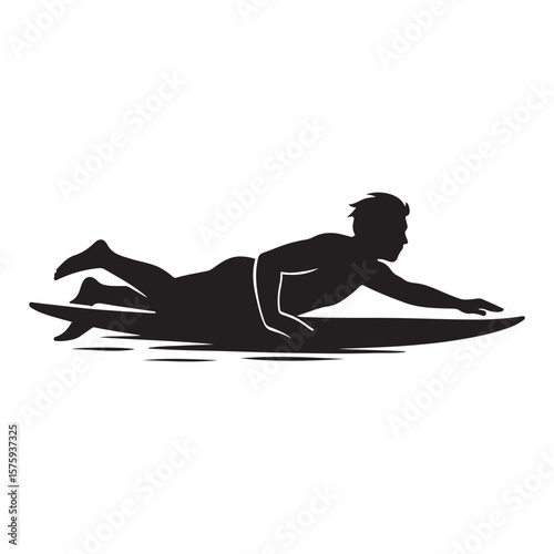 Silhouette of a man lying on a surfboard paddling in the water on a white background image view
