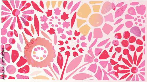 Watercolor floral arrangement featuring pink, red, and peach flowers and leaf shapes in pattern