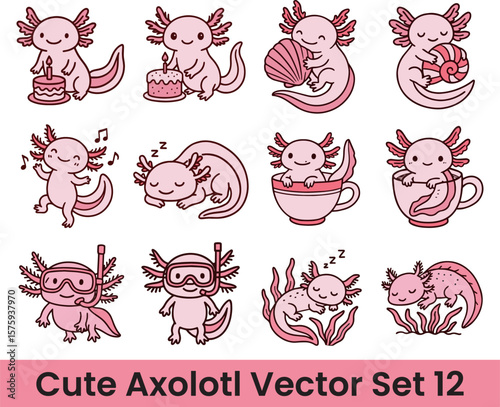 Kawaii Axolotl Cartoon Set | Cute Sea Animal and Amphibian Characters