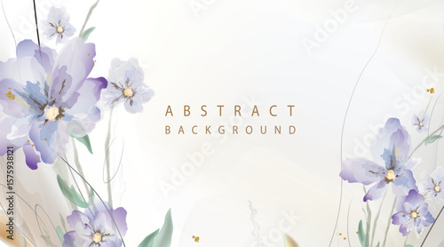 Watercolor abstract art floral background with flowers in blue and purple tones on earthy beige background with several golden design elements for advertising banner, greeting card, invitation, covers